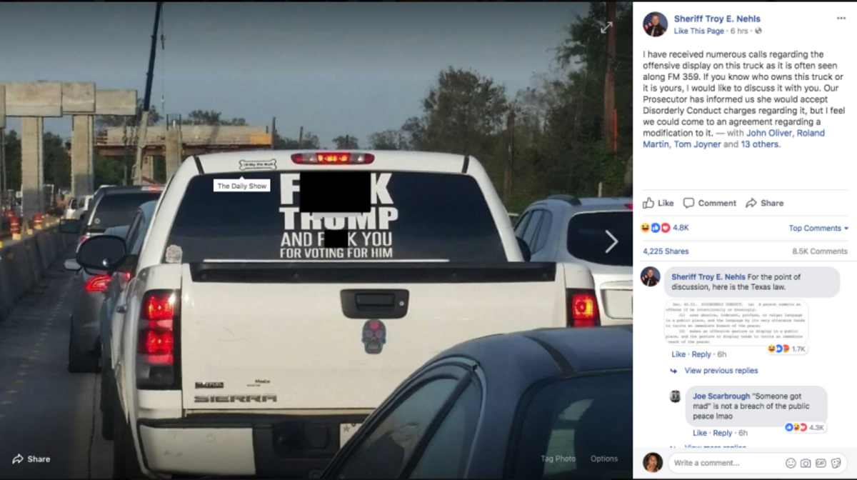 Texas Sheriff Troy Nehls said the truck with this sticker may be violating Texas’ “Disorderly Conduct” laws.
