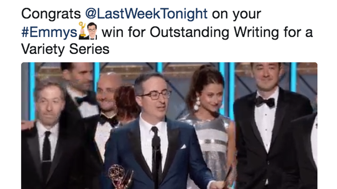 John Oliver started a trending hashtag on Twitter “for no reason whatsoever” in his Emmy acceptance speech.