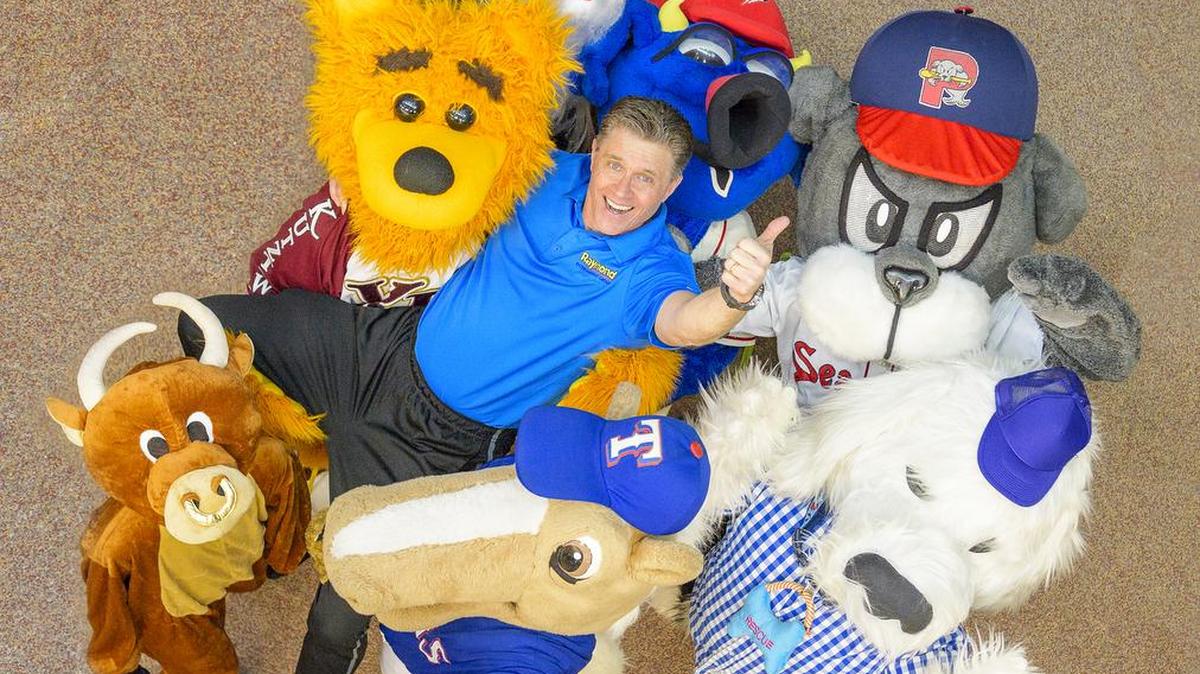 David Raymond,. seen with and his student at Mascot Bootcamp in Kutztown, Pa. Raymond was the original Phillie Phanatic - the first to inhabit the green costume in 1978.