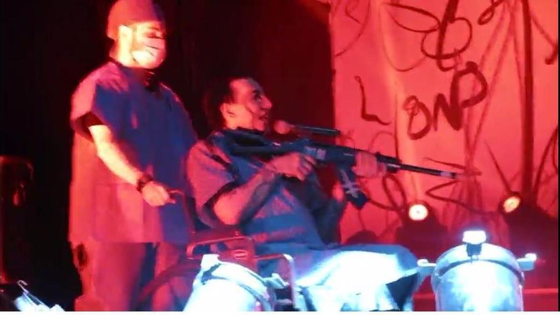 Marilyn Manson was criticized for pretending to shoot the crowd at a concert near San Bernardino, hours after the shooting in Sutherland Springs, Texas