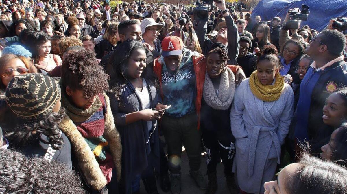 Supporters gather after the announcement that University of Missouri System President Tim Wolfe would resign, in Columbia, Mo., over mounting pressure from campus groups regarding his handling of racial tensions at the school on Nov. 9, 2015. Payton Head, the gay, black president of the Missouri Students Association, said former administrators gave the impression discrimination is tolerated at the university and that allowed racist acts to keep occurring.