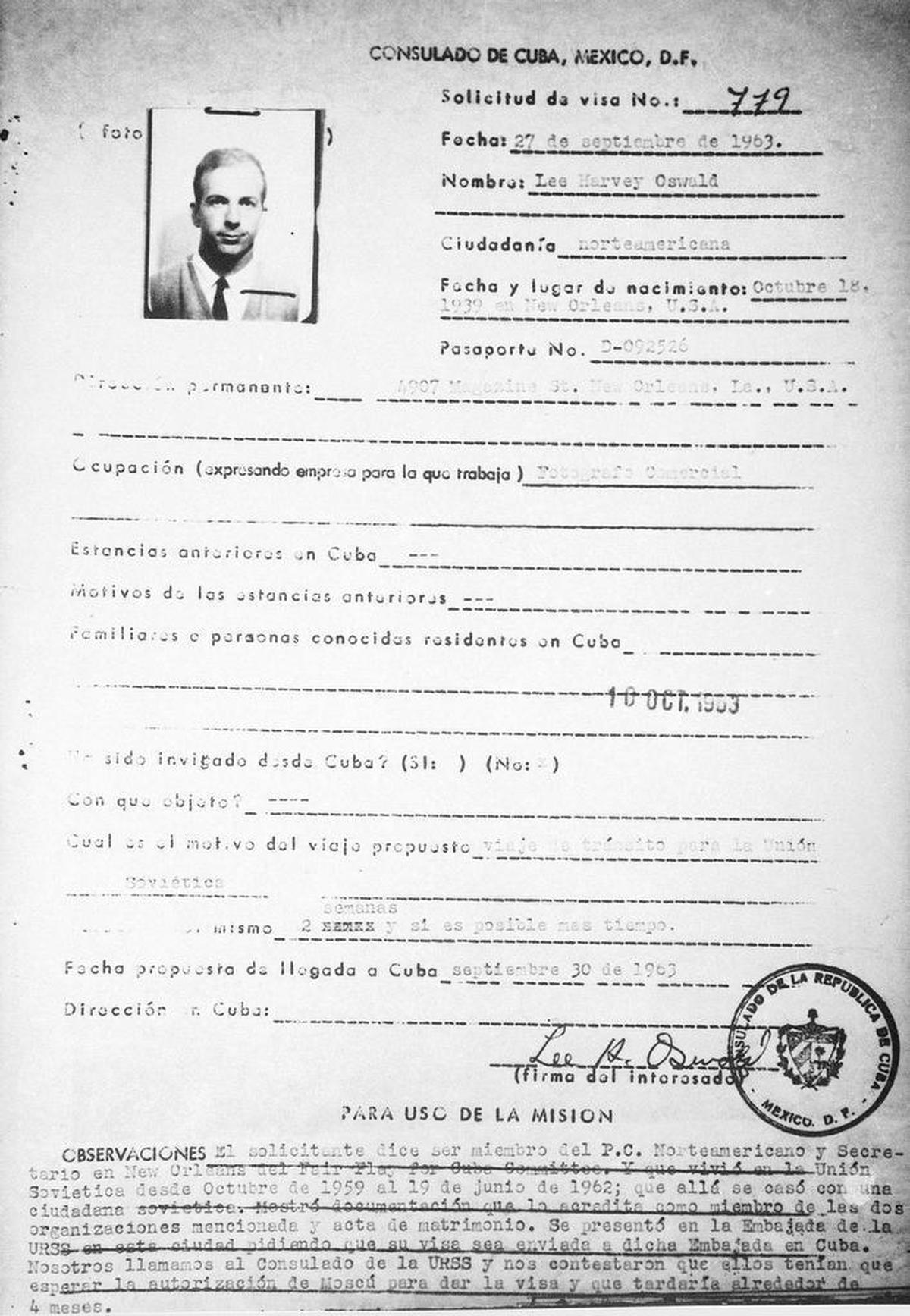 A copy of Lee Harvey Oswald’s visa application, released in 1978.