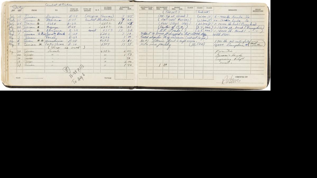 
Personal flight logs of the co-pilot of the U.S. B-29 Superfortress that dropped the world’s first atomic bomb on Japan that will be put up for auction in New York this week. The logs are part of an 11-lot archive of Capt. Robert Lewis’ documents from his service during World War II. 
