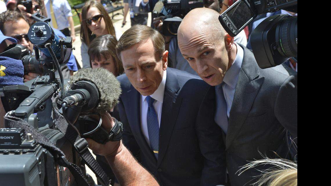 
Retired General David Petraeus arrives for his consolidated plea and sentencing hearings at the U.S. Courthouse in Charlotte, Thursday, April 23, 2015. The former commanding general and CIA director is accused of sharing top government secrets with his biographer/lover, Paula Broadwell of Charlotte.
