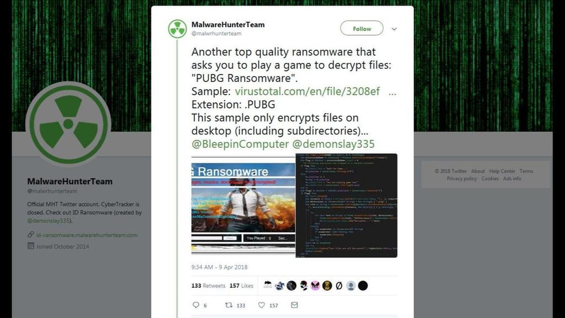 A new piece of malware making the rounds encrypts the infected computer’s files until the user plays at least three minutes of “PlayerUnknown’s Battlegrounds,” an online video game, reports MalwareHunterTeam.