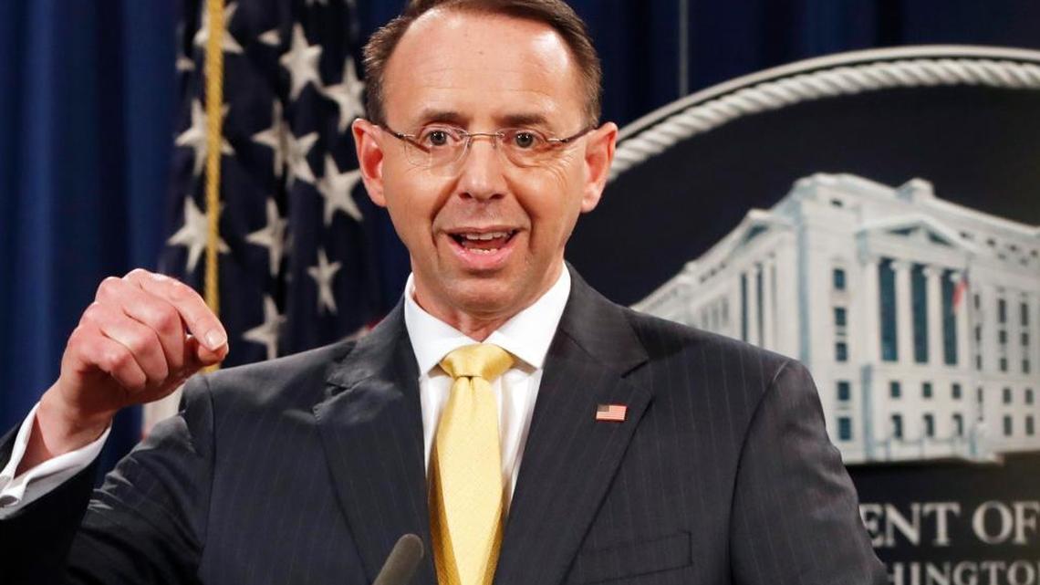 Deputy Attorney General Rod Rosenstein, speaks to the media with an announcement that special counsel Robert Mueller secured a grand jury indictment charging 13 Russian nationals and several Russian entities with violating U.S. criminal laws to interfere with American elections and the political process.
