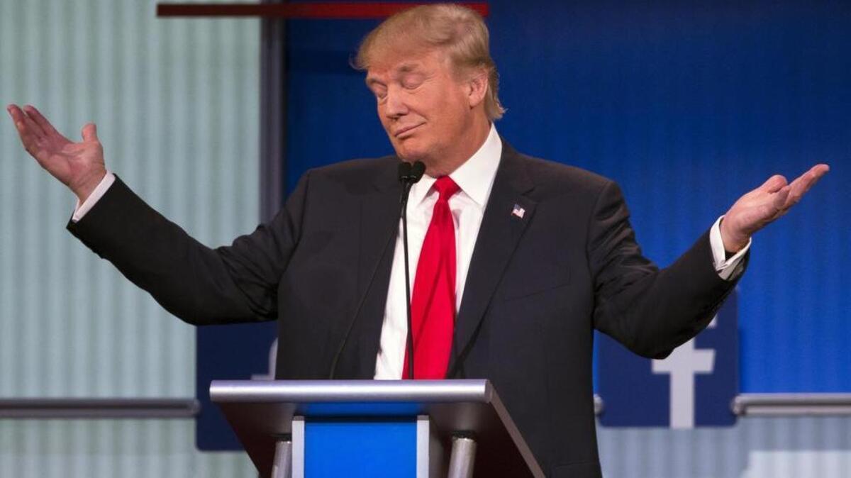 
Donald Trump at the first Republican presidential debate at the Quicken Loans Arena Thursday.
