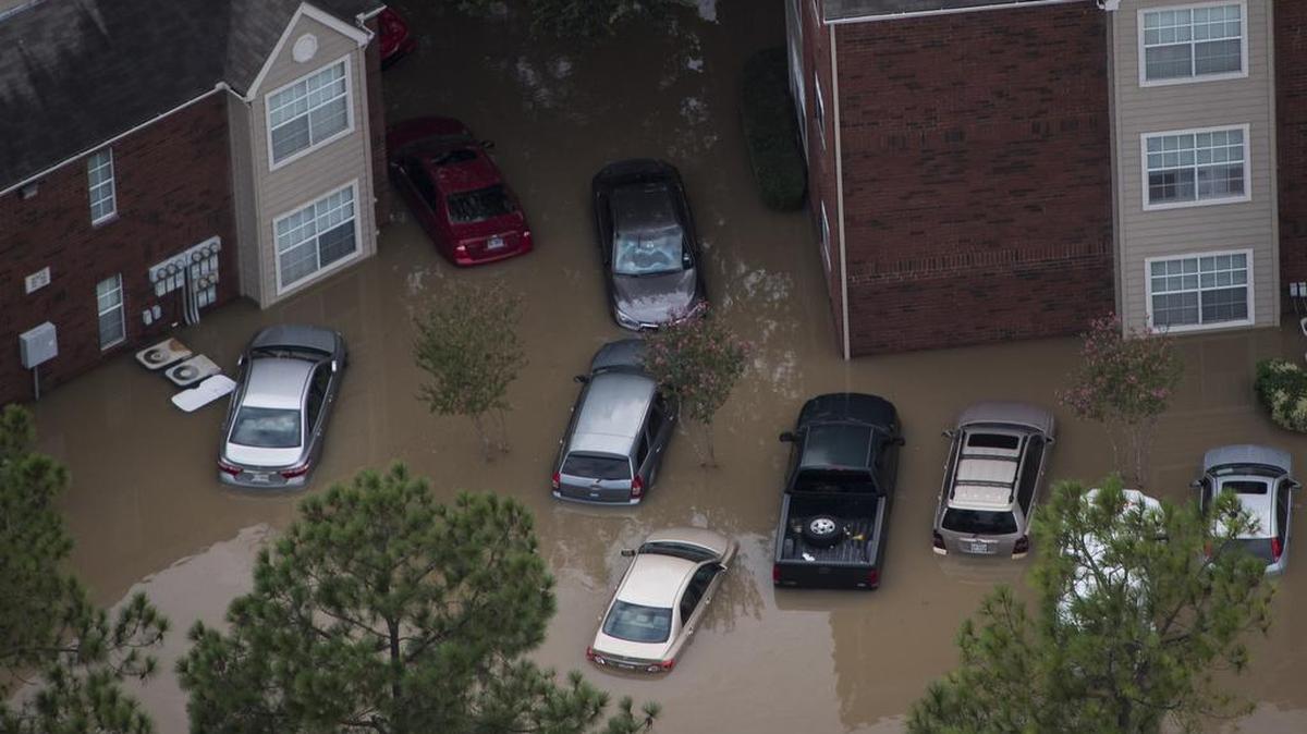 Swamped cars surround a residential area in west Houston last week. Early analysis indicates that Hurricane Harvey and the flooding that followed could be the most destructive event ever for automobiles in the United States.