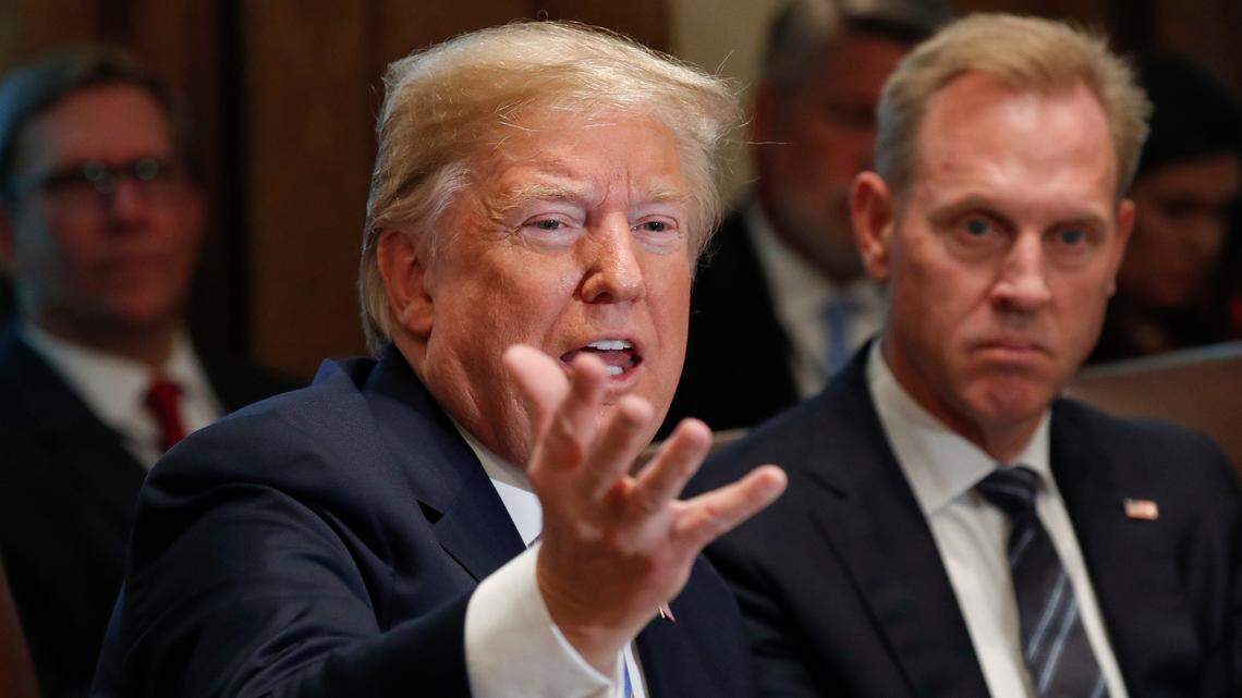 President Donald Trump is pictured with Deputy Secretary of Defense Patrick Shanahan during a meeting with members of his Cabinet in the White House on Wednesday, July 18, 2018. (AP Photo/Pablo Martinez Monsivais)