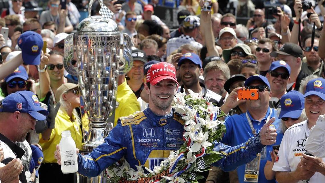 Alexander Rossi celebrates after winning the 100th running of the Indianapolis 500 auto race at Indianapolis Motor Speedway in Indianapolis, Sunday.