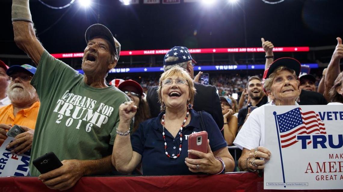 Supporters of Donald Trump cheer his arrival at a campaign rally at Jacksonville Veterans Memorial Arena in August in Jacksonville, Fla.