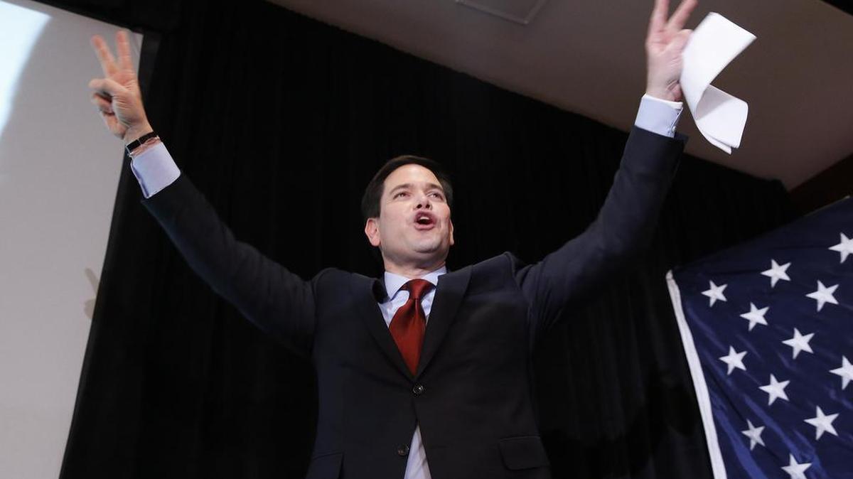 Republican presidential candidate Sen. Marco Rubio, R-Fla., acknowledges the audience at a caucus night celebration, Monday, Feb. 1, 2016 in Des Moines, Iowa.