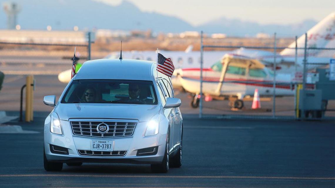 The hearse that transported Supreme Court Justice Antonin Scalia’s body to the airport from Sunset Funeral Home departs the Atlantic Aviation hangar at El Paso International Airport in El Paso, Texas, Sunday, Feb. 14, 2016.
