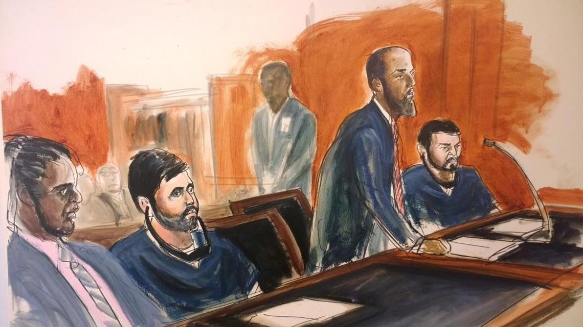 In this courtroom sketch, Efrain Campo, second from left, 29, and Francisco Flores, right, 30, are shown at their arraignment last year in a Manhattan federal court