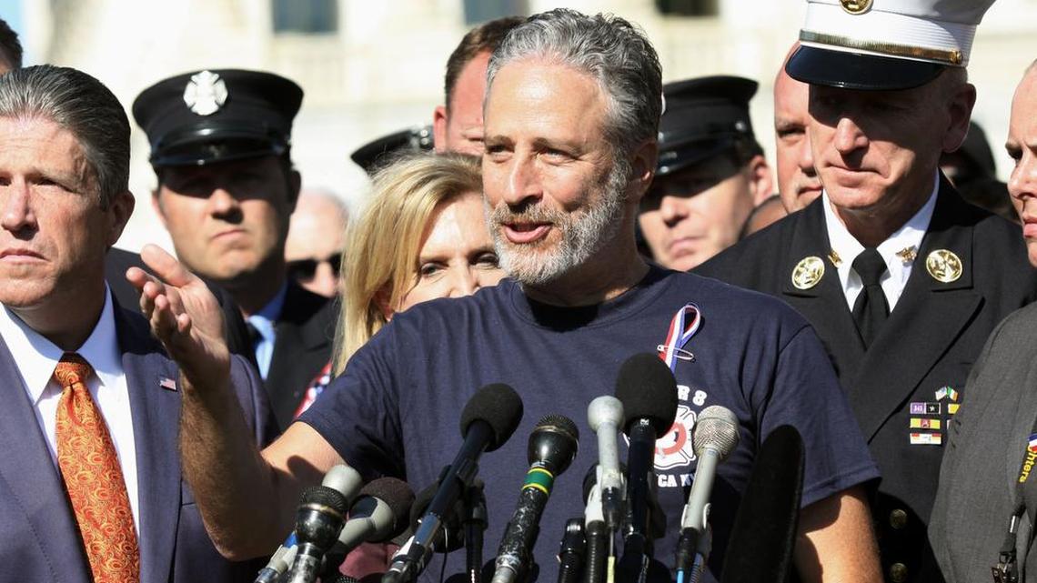 
Comedian Jon Stewart stands with New York City first responders during a rally on Capitol Hill in Washington, Wednesday, September 16, 2015, calling for the extension of the the Zadroga Heath & Compensation Act, which provides health care and compensation to 9/11 first responders and victims.
