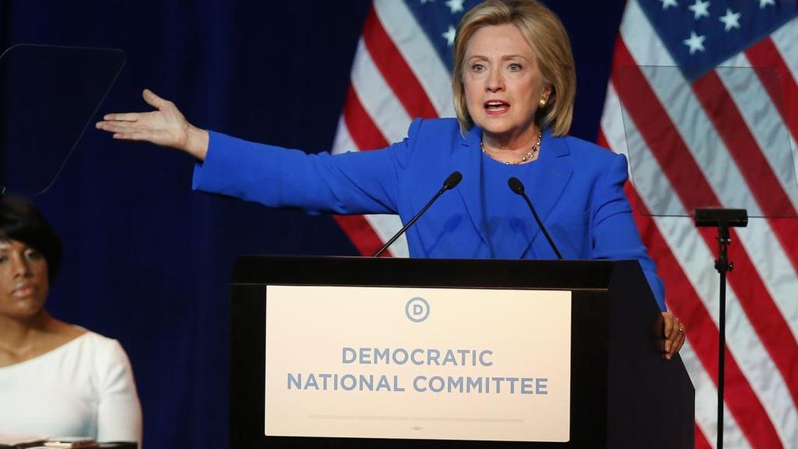 
Democratic presidential candidate, Hillary Rodham Clinton, addresses the summer meeting of the Democratic National Committee, Aug. 28, 2015, in Minneapolis. 
