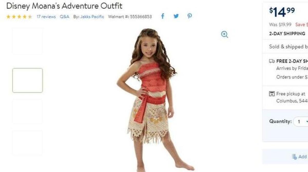 A Moana costume on sale online at Walmart