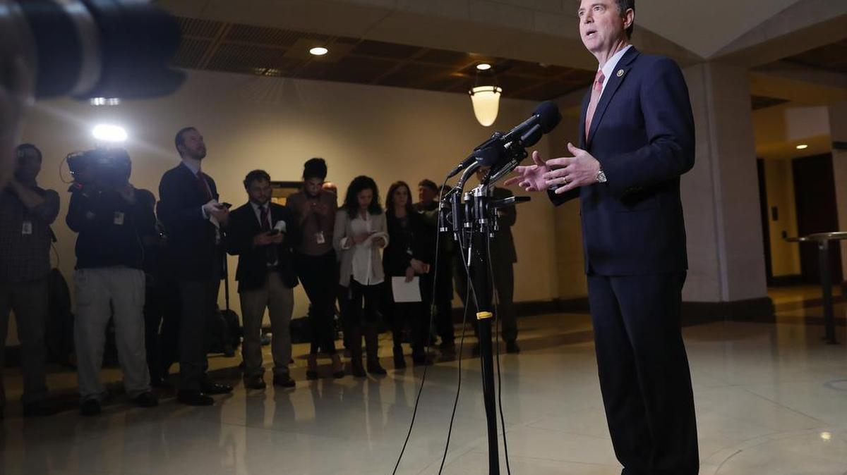 The House Intelligence Committee's ranking member Rep. Adam Schiff, D-Calif., speaks to reporters on Capitol Hill in Washington, Thursday, April 6, 2017. (AP Photo/Pablo Martinez Monsivais)