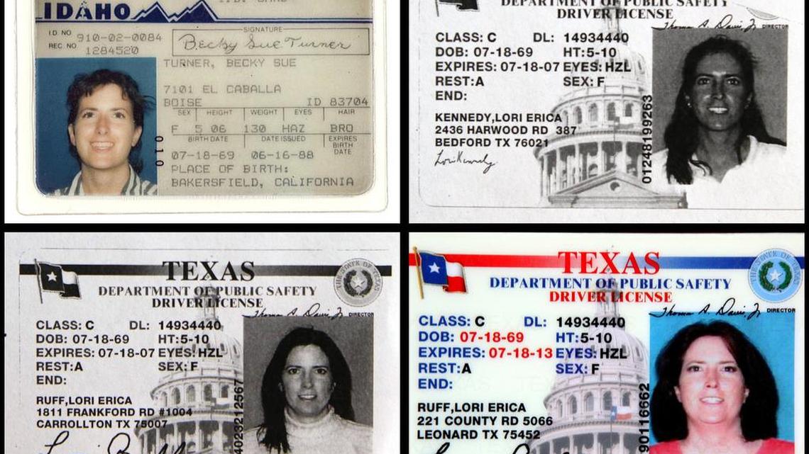 The various identities of Lori Ruff, including an Idaho ID, upper left.