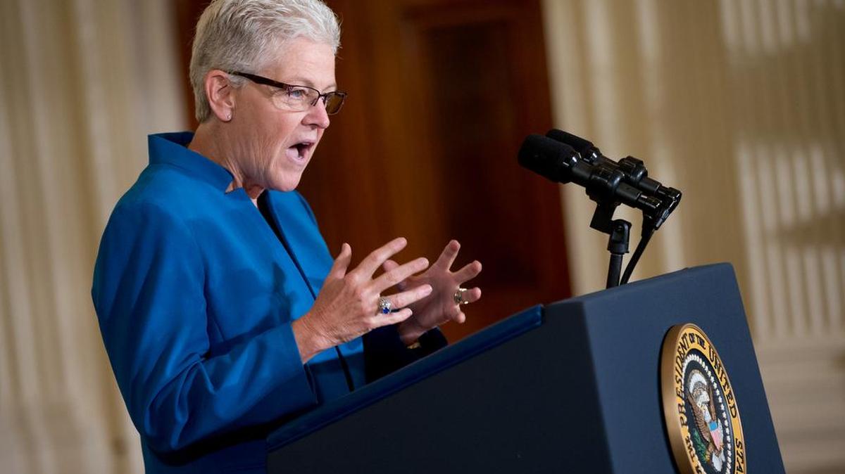 
Environmental Protection Agency Administrator Gina McCarthy speaks in the East Room at the White House in Washington, Monday before President Barack Obama spoke about his Clean Power Plan. The president is mandating even steeper greenhouse gas cuts from U.S. power plants than previously expected, while granting states more time and broader options to comply. 
