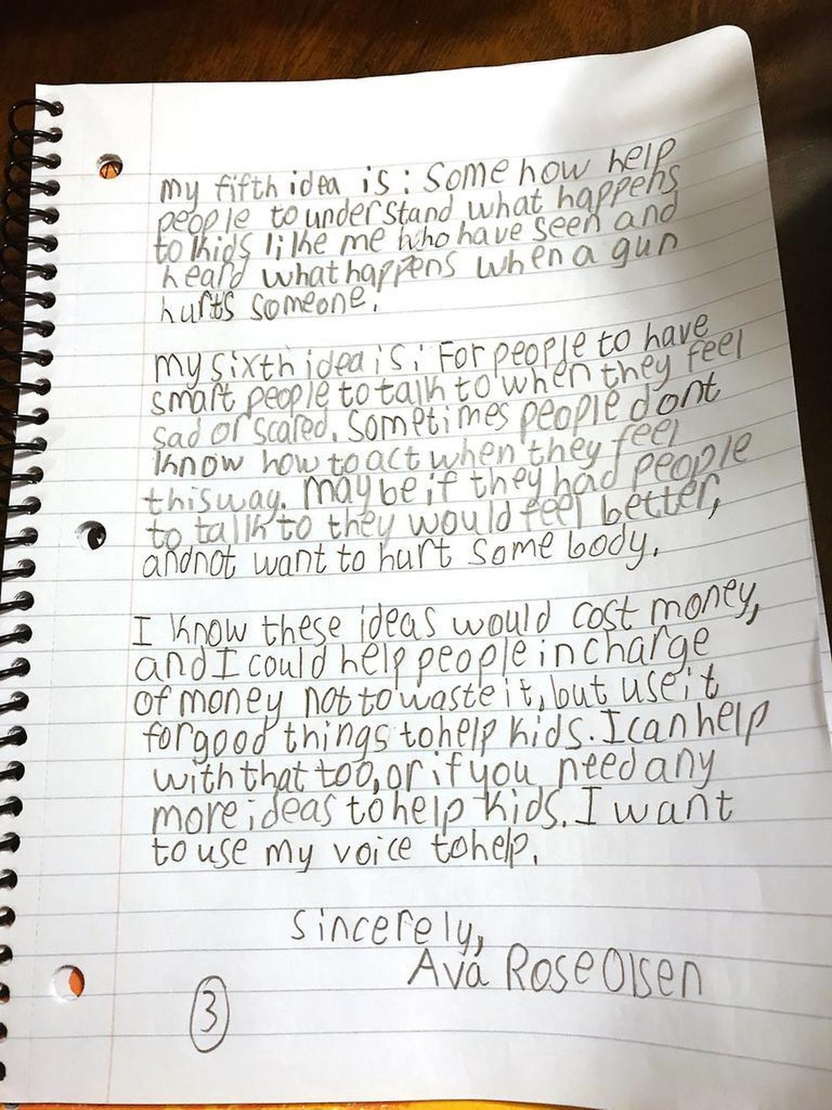 Ava Olsen, a survivor of a school shooting in Townville, South Carolina, sent a letter to President Trump in August 2017 addressing gun violence and attacks on schools. After he responded to her first letter she then sent a list of suggestions in January 2018. This is page three.