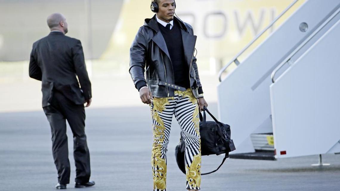 As of this past weekend, this may be Newton’s most famous outfit. Or to be more accurate, his most famous pants. The skin-tight zebra-striped Versace pants with a gold Barocco print, worn for the trip to Super Bowl 50, caught the eye of pretty much everyone on earth. He paired the pants, which reportedly retail for $850 but are sold out everywhere (sorry, guys), with black and gold oxfords and a black leather jacket. You be you, Cam.