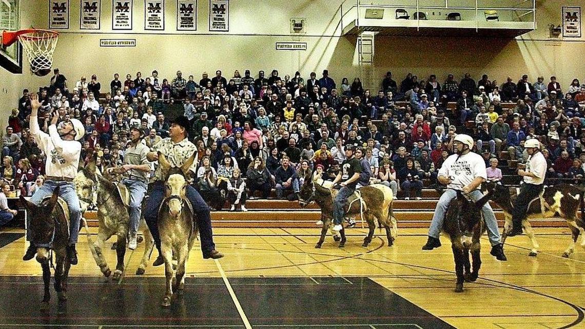 Community members play donkey basketball at Meridian High School in Bellingham, Wash., in March 2001. The event raised money for Meridian FFA. A donkey basketball fundraiser scheduled for Saturday, Feb. 13, at Ferndale High School has raised concern among animal advocates, who say it’s cruel and stressful to the animals.