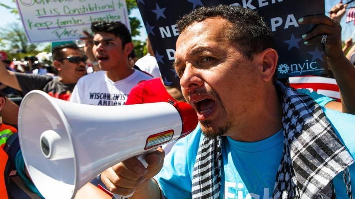 Angry demonstrators yell at those supporting stricter immigration laws outside the U.S. Supreme Court in Washington, D.C., on April 18, 2016. Thousands flocked to the court to support laws that make it easier for immigrants to enter the country.