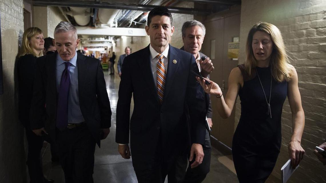 
Rep. Paul Ryan, R-Wis., center, and Rep. Trey Gowdy, R-S.C., arrive for a House GOP meeting on Capitol Hill in Washington, Friday, Oct. 9, 2015. The pressure is on Ryan to run for House speaker in the chaotic aftermath of Majority Leader Kevin McCarthy's sudden decision to abandon his campaign for the post. 
