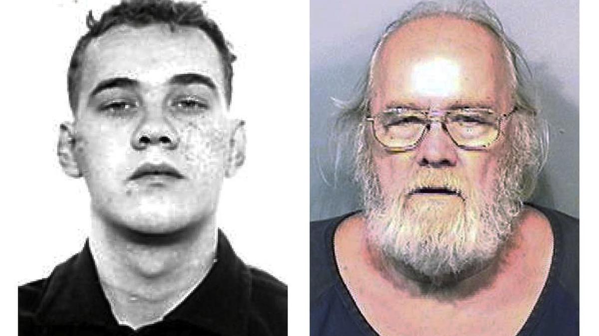 This pair of photos shows Frank Freshwaters, left, in a 1959 Ohio State Reformatory photo released by the U.S. Marshals Service, and right, in a 2015 booking photo released by the Brevard County Sheriff's Office in Florida. The Ohio parole board on Thursday granted Freshwaters parole. He had been convicted of manslaughter after hitting and killing a pedestrian.