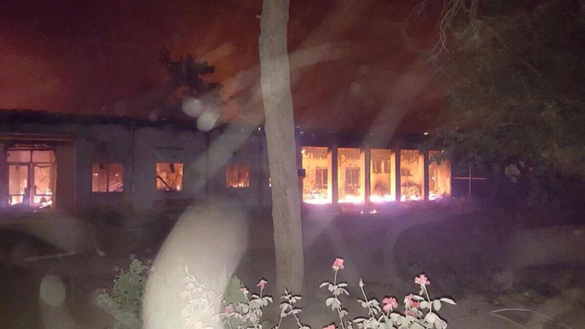 
The Doctors Without Borders hospital is seen in flames after explosions in the northern Afghan city of Kunduz, Saturday, Oct. 3, 2015. 
