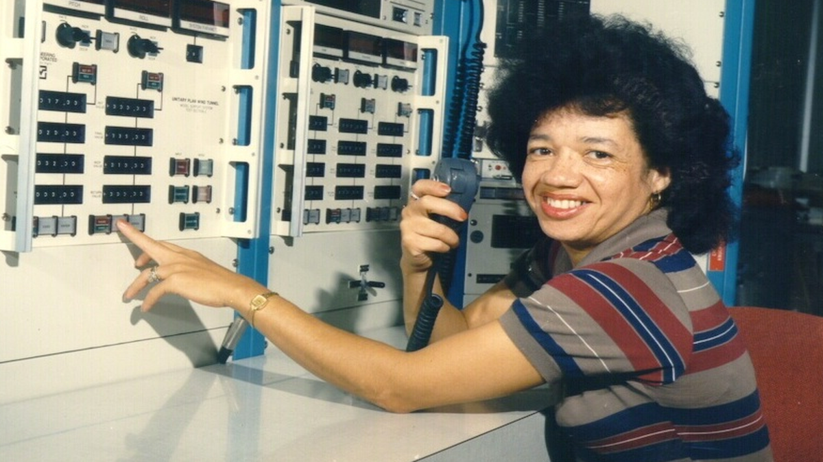Christine Darden in the control room of NASA Langley's Unitary Plan Wind Tunnel in 1975.