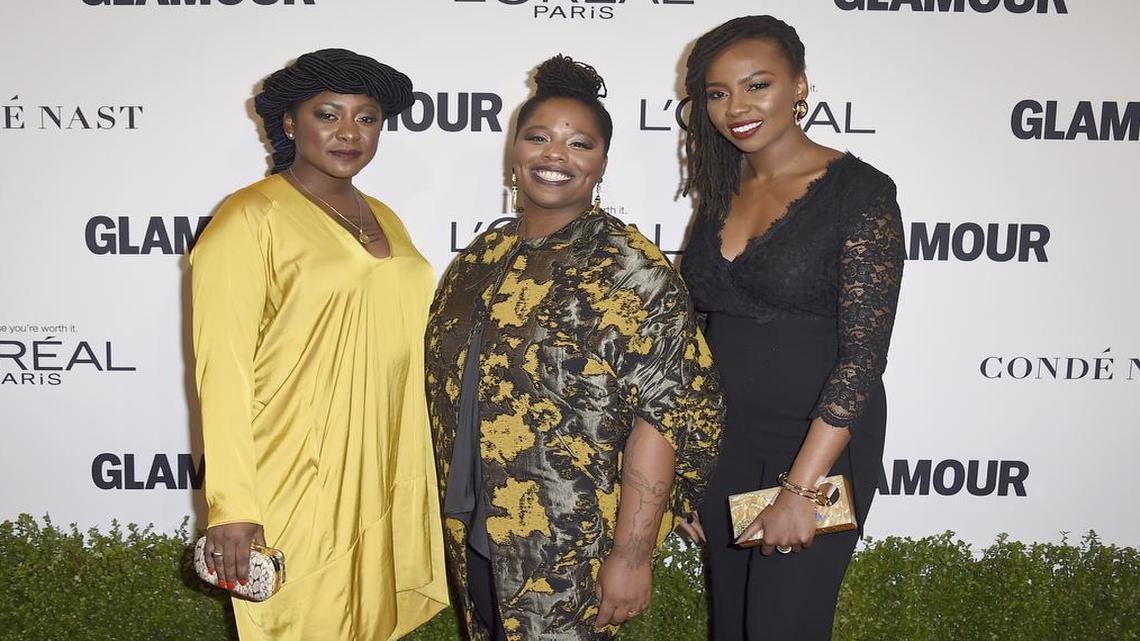Alicia Garza, from left, Patrisse Cullors and Opal Tometi, co-founders of the Black Lives Matter movement, arrive at the Glamour Women of the Year Awards at NeueHouse Hollywood on Monday, Nov. 14, 2016, in Los Angeles.