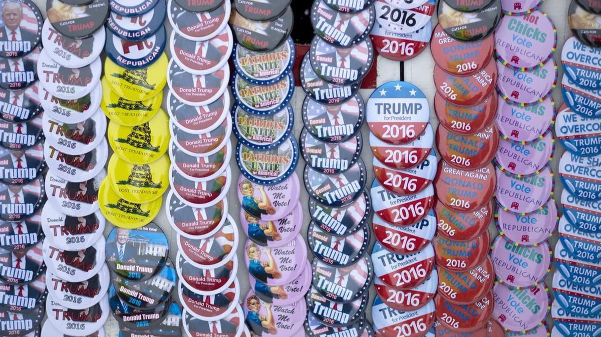 Buttons promoting Republican presidential candiate Donald Trump are displayed for sale outside a campaign rally at the Hansen Agricultural Student Learning Center at Iowa State University in Ames, Iowa. Trump’s campaign announced that he’s barnstorming through Iowa this weekend and into next week with five rallies, making good on his promise to go for broke in the state that casts the first votes of the presidential election. Trump is one of the few Republican candidate who see former New York Mayor Michael Bloomberg’s potential candidacy as a good thing.