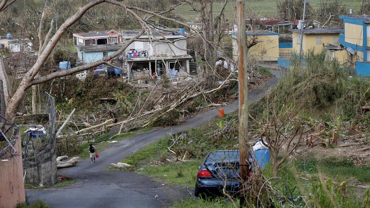 Jonathan Aponte walks with a gas can up the road to his home in the aftermath of Hurricane Maria, in Yabucoa, Puerto Rico, Tuesday, Sept. 26, 2017.