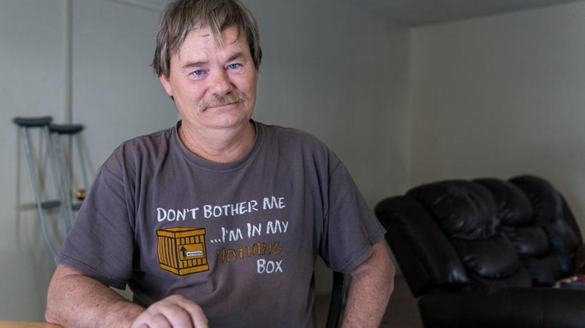 Donald Meade, 52, poses for a portrait on Feb. 13, 2016, at his apartment in Fullerton, Calif. Meade, a recipient of the Illumination Foundation’s housing-first program, has battled addiction, cancer and chronic heart problems that fueled recurring visits to the emergency room.