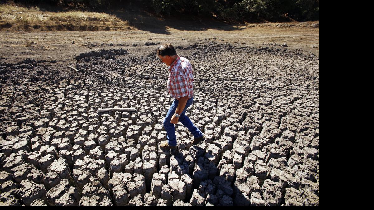 
Rancher Jon Pedotti walks on the cracked remains of a parched lake bed on his ranch located along San Simeon Creek in the Santa Lucia Mountain foothills of Cambria, Calif. 
