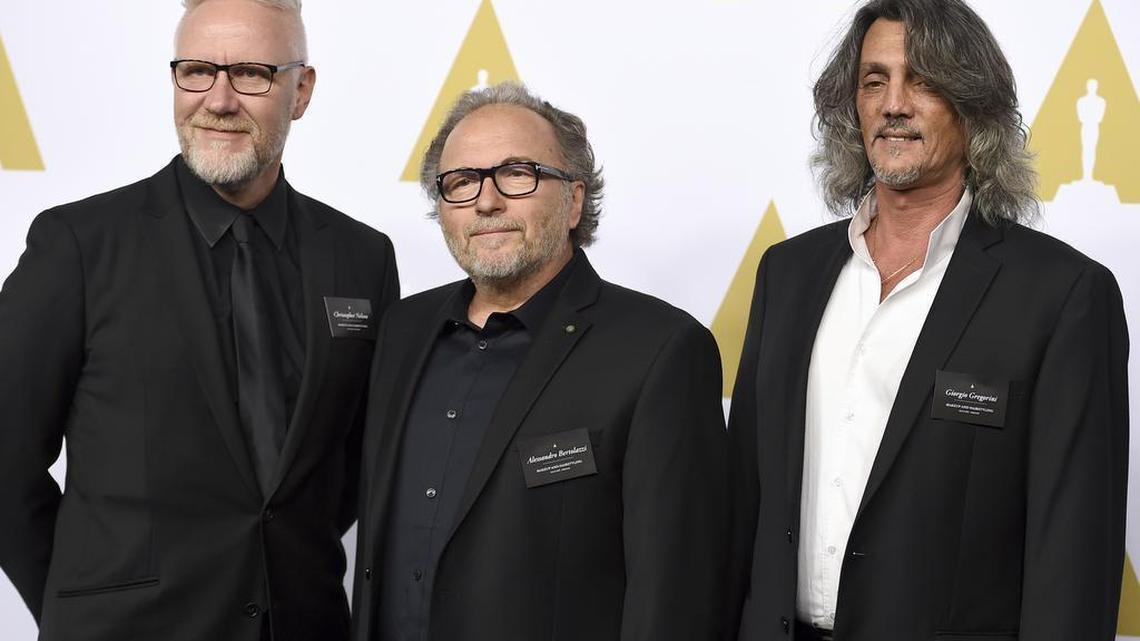 Christopher Nelson, from left, Alessandro Bertolazzi, and Giorgio Gregorini arrive at the 89th Academy Awards Nominees Luncheon at The Beverly Hilton Hotel on Monday, Feb. 6, 2017, in Beverly Hills, Calif.