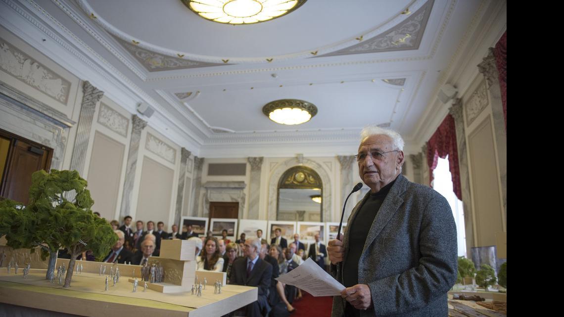 
Architect Frank Gehry speaks to members of the Eisenhower Memorial Commission about changes to the design of the memorial in Washington, D.C., Wednesday, June 19, 2013.
