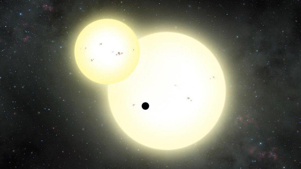 An artist’s impression of the simultaneous stellar eclipse and planetary transit events on Kepler-1647 b. Such a double eclipse event is known as a syzygy.