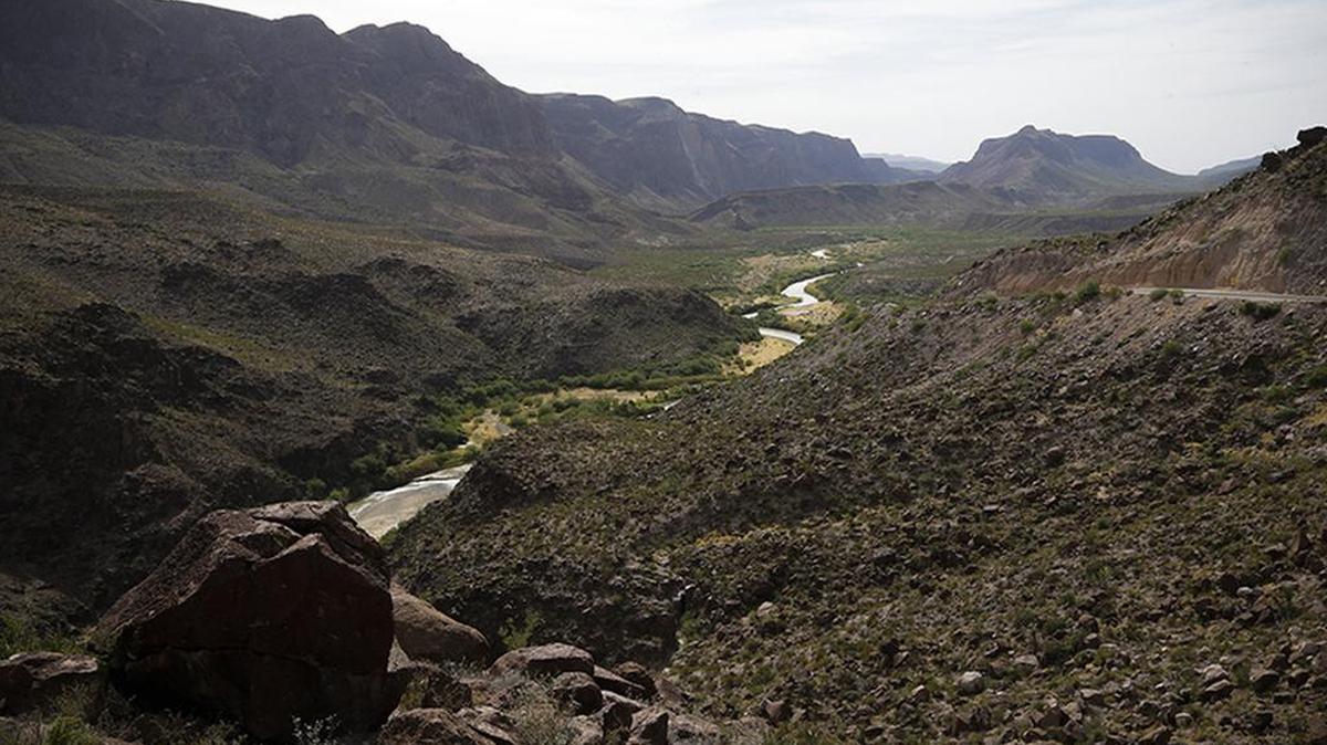 The mountainous desert terrain on FM 170 between Presidio and Big Bend National Park is sparsely populated and formidable along the Rio Grande River on the United States border with Mexico.
