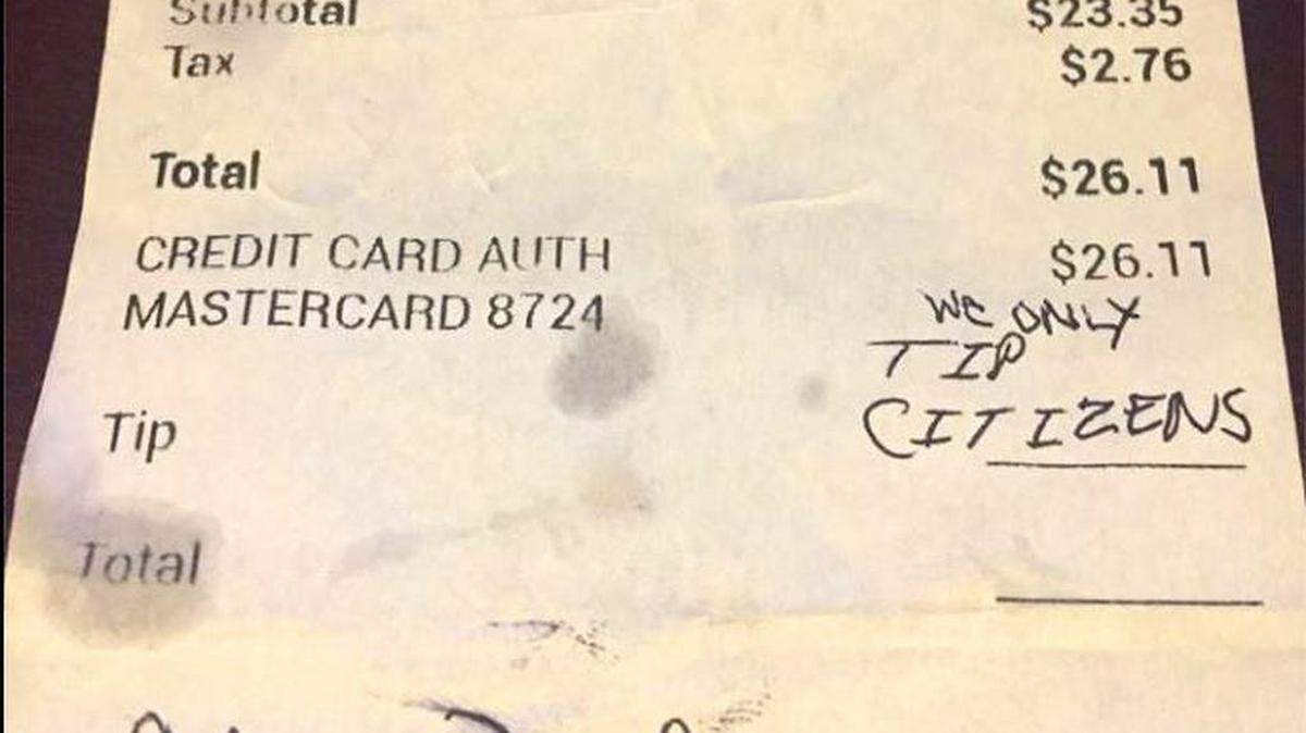 A customer left a nasty note for Sadie Karina Elledge at a Harrisonburg, Va., restaurant on Monday, saying "we only tip citizens."