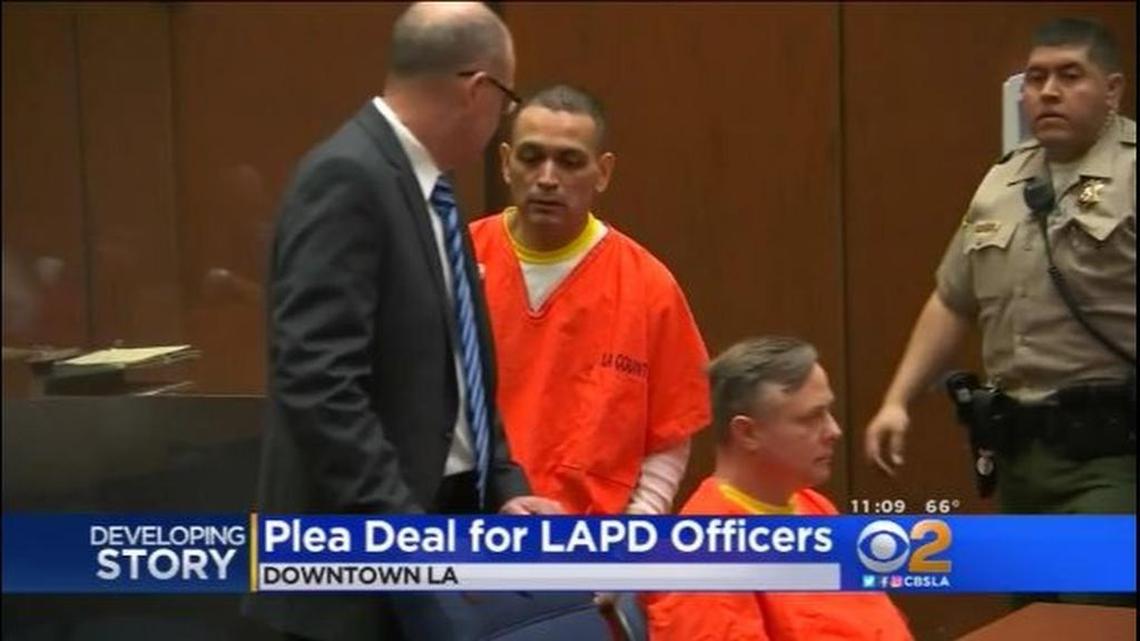 Former Los Angeles Police Department officers Luis Gustavo Valenzuela, left, and James Christopher Nichols received 25-year prison sentences Monday after pleading no contest to raping women while on duty.