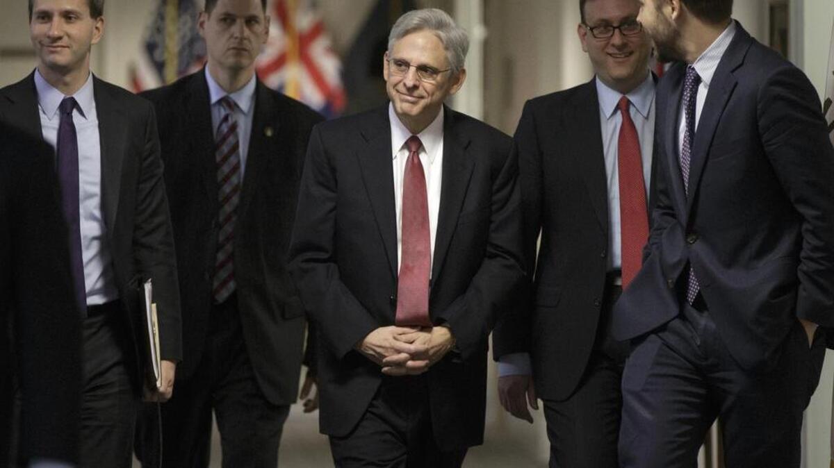 Illinois Republican Sen. Mark Kirk will meet Tuesday with Judge Merrick Garland, President Barack Obama’s choice to replace the late Justice Antonin Scalia on the Supreme Court. Here, Garland arrives on Capitol Hill in Washington, Wednesday, March 23, 2016, for a meeting with Sen. Amy Klobuchar, D-Minn., a member of the Senate Judiciary Committee which considers judicial nominations.