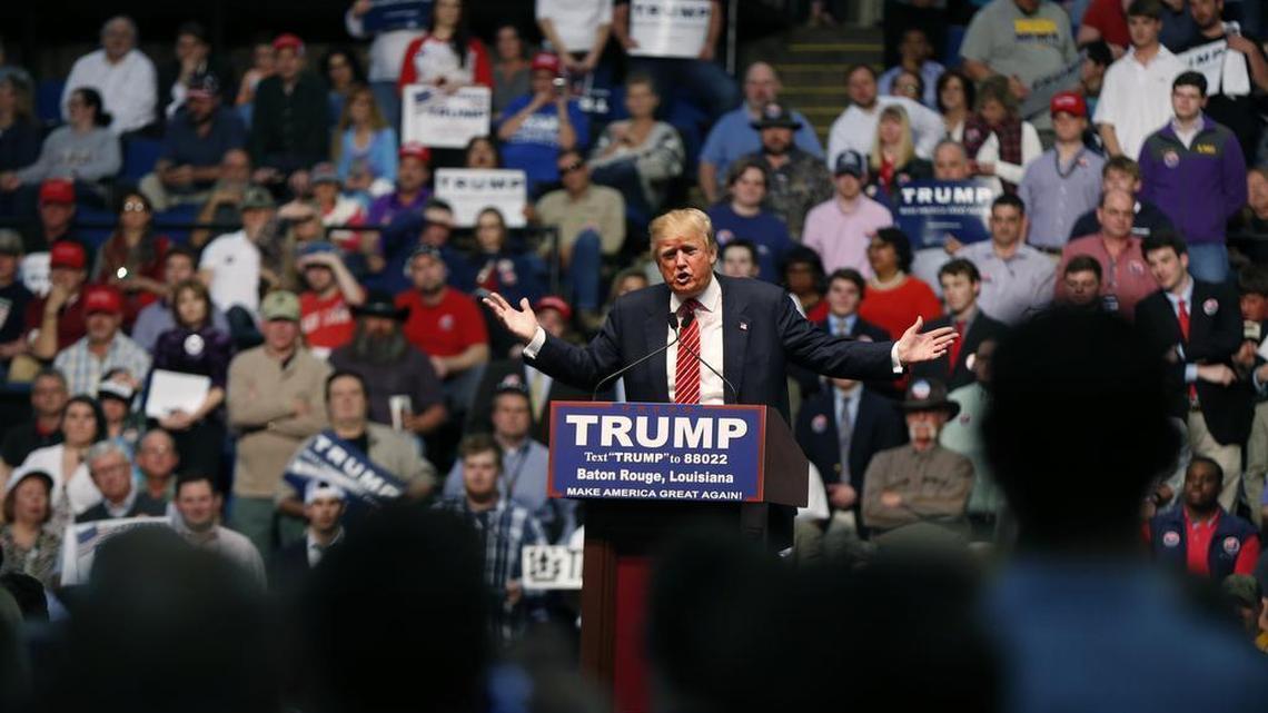 Republican presidential candidate Donald Trump participates in a campaign rally in Baton Rouge, La., on Thursday, Feb. 11, 2016.