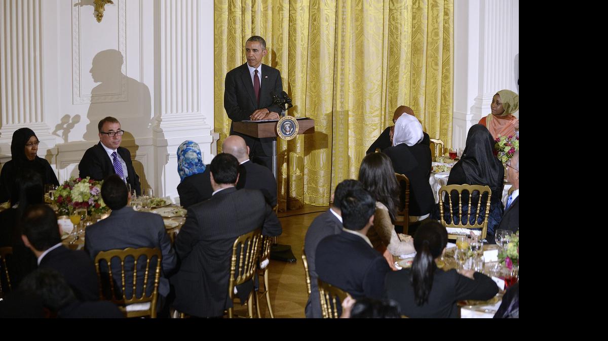 
President Barack Obama speaks during an Iftar dinner celebrating Ramadan in the East Room of the White House on Monday.

