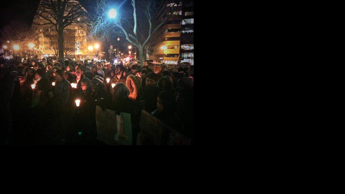 
A vigil in to honor the lives of three university students gunned down earlier this week was held in Dupont Circle in Washington D.C., February 12, 2015.
