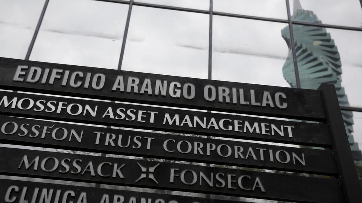A marquee of the Arango Orillac Building lists the Mossack Fonseca law firm in Panama City.