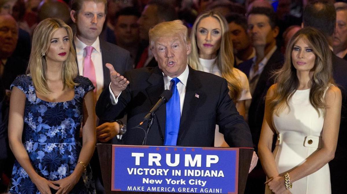 Republican presidential candidate Donald Trump speaks during a primary night news conference, Tuesday, May 3, 2016, in New York.