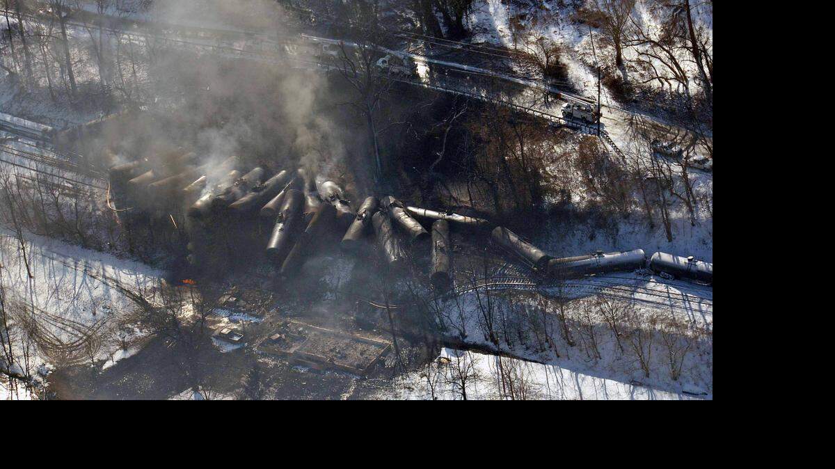 
This aerial photo made available by the Office of the Governor of West Virginia shows a derailed train in Mount Carbon, W.Va., Feb. 17, 2015. 
